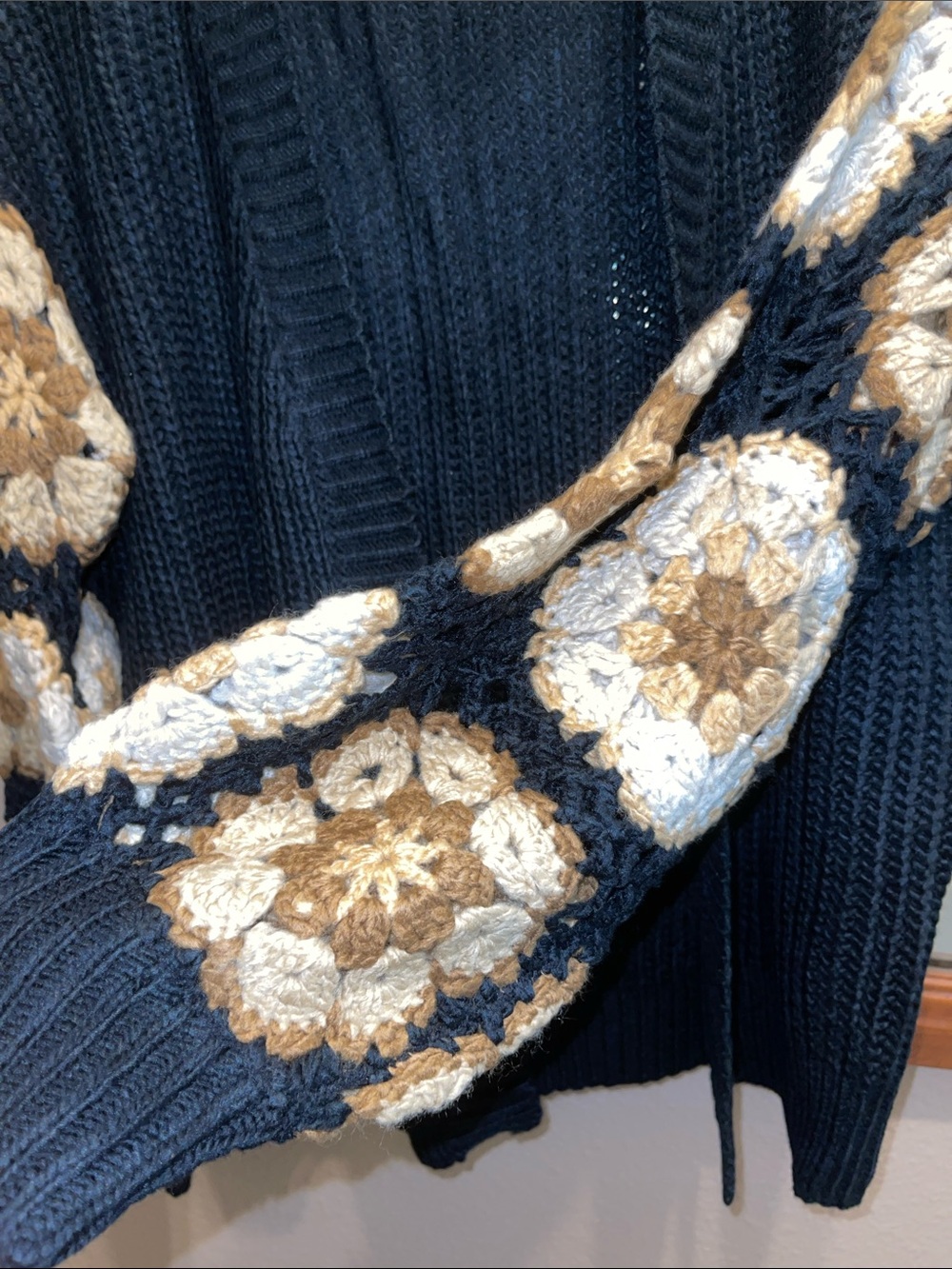 ADORA Black Cardigan with Cream and Brown Crochet Sleeve Accents - Picture 5 of 8